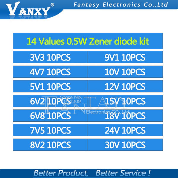 [variant_title] - 14values*10PCS=140PCS 0.5W regulator 3.3v-30v 1/2w Zener Diode component Assorted kit package new and original