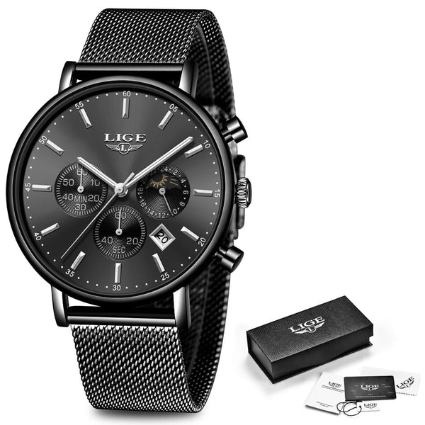 Full Black - LIGE Fashion Men Watches Male Top Brand Luxury Quartz Watch Men Casual Slim Dress Waterproof Sport WristWatch Relogio Masculino