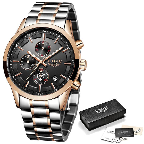 Rose Gold Black - LIGE Watch Men Top Brand Luxury Chronograph Male Sport Watch Quartz Clock Stainless Steel Waterproof Men Watch Relogio Masculino