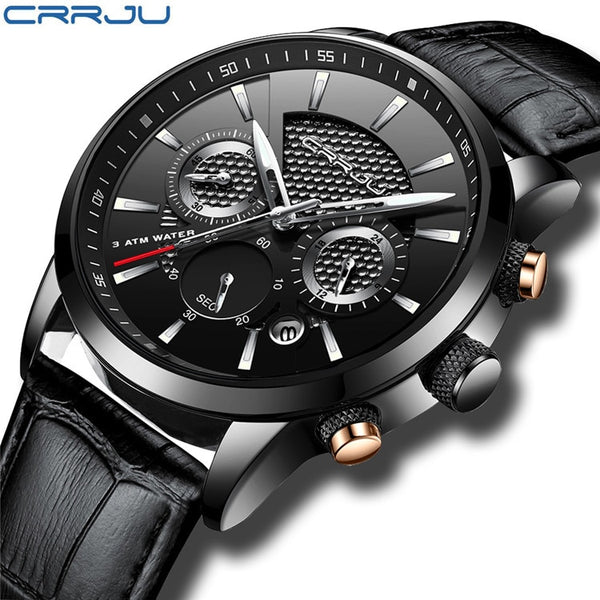 black silver - CRRJU New Fashion Men Watches Analog Quartz Wristwatches 30M Waterproof Chronograph Sport Date Leather Band Watches montre homme
