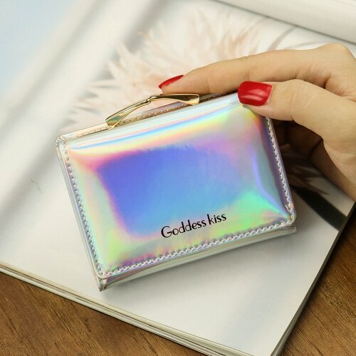 Silver - New Women Laser Holographic Wallets Short Cute Purse Small Wallet Women Folding Wallet Card Holder Coin Purse Portefeuille Femme