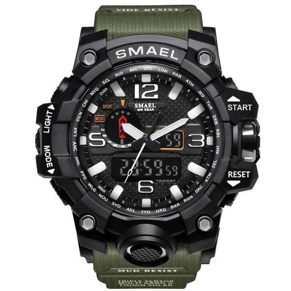 1545 ArmyGreen - SMAEL Brand Men Sports Watches Dual Display Analog Digital LED Electronic Quartz Wristwatches Waterproof Swimming Military Watch