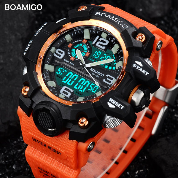 [variant_title] - Men Sports Watches BOAMIGO Brand Digital LED Orange Shock Swim Quartz Rubber Wristwatches Waterproof Clock Relogio Masculino