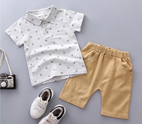 Gray / 12M - Hot Small or Toddler Baby Clothing Sets  Short Sleeve Anchor Printing T-shirt+ Shorts Little Gentlemen Fashion 2pcs Sets Retail