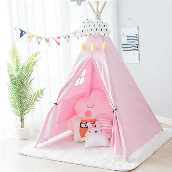 Plain Pink - Large Canvas Teepee Tent Kids Teepee Tipi with Grey Pom Poms Indian Play Tent House Children Tipi Tee Pee Tent NO MAT