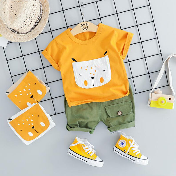 Yellow / 12M - HYLKIDHUOSE 2019 Summer Baby Girls Boys Clothing Sets Infant Clothes Suits Cartoon T Shirt Shorts Kids Children Vacation Costume