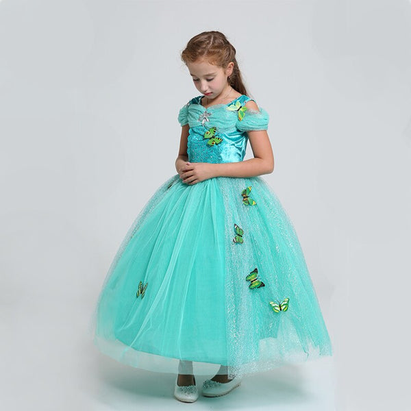 [variant_title] - Summer style long dress light green butterfly dew shoulder net yarn cartoon characters princess dress  off shoulder girl's  suit