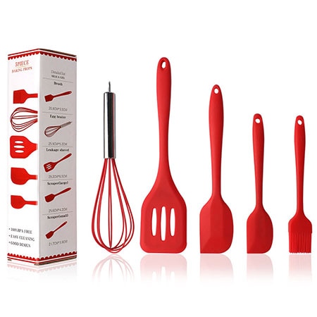 Red - 5Pcs/Set Pink or Red Silicone Cooking Tool Sets Egg Beater Spoon Spatula Oil Brush Kitchenware Kitchen Utensils Sets with Box
