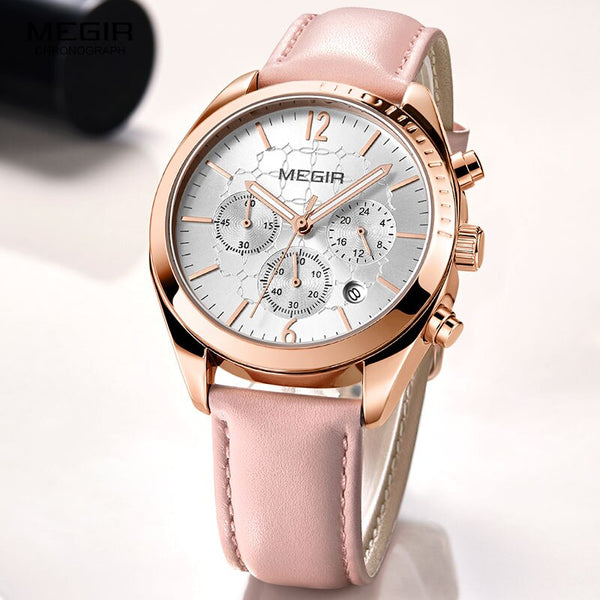 [variant_title] - MEGIR Women Watches Fashion Pink Leather Ladies Quartz Watch Women Chronograph Clock Lovers Hour Relogio Feminino With Bracelet