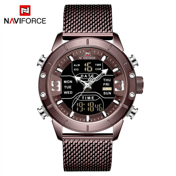 Coffee - NAVIFORCE Top Brand Luxury Watch Men Fashion Sports Quartz Watch Men Full Steel Waterproof LED Digital Watches Relogio Masculino