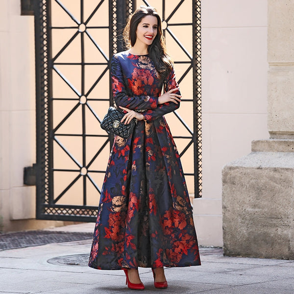 [variant_title] - High Quality Plus size lJacquard Muslim Dress Fall Vintage Women Long Sleeve Long Maxi Dubai abaya Dress Fashion