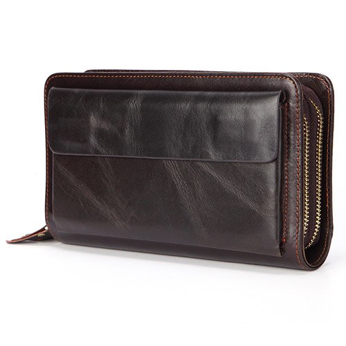 Coffee - Business Genuine Leather Clutch Wallet Men Long Leather Phone Bag Purse Male  Large Size Handy Coin Wallet Card Holder Money Bag