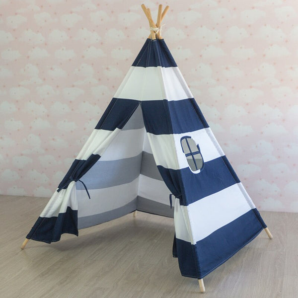 Navy Striped - Large Canvas Teepee Tent Kids Teepee Tipi with Grey Pom Poms Indian Play Tent House Children Tipi Tee Pee Tent NO MAT