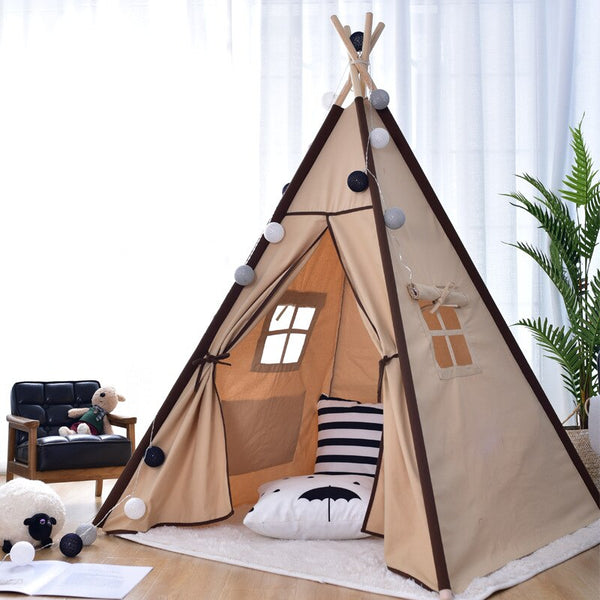 Tan - Large Canvas Teepee Tent Kids Teepee Tipi with Grey Pom Poms Indian Play Tent House Children Tipi Tee Pee Tent NO MAT