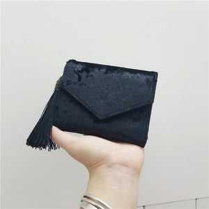 Black - Retro Velvet Envelope Tassel Small Women Wallet Trifold Mini Women Clutch Purse Brand Short Designed Ladies Wallet Card Holders
