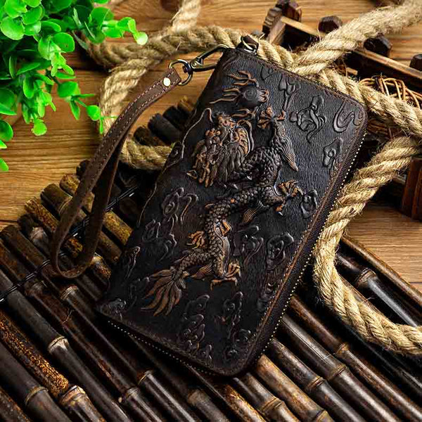 Dark Brown dargon - Cattle Male Genuine leather Fashion Card Holder Checkbook Zipper Around Organizer Wallet Purse Design Clutch Handbag 1016
