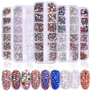 [variant_title] - 1 Box Multi Size Glass Nail Rhinestones Mixed Colors Flat-back AB Crystal Strass 3D Charm Gems DIY Manicure Nail Art Decorations