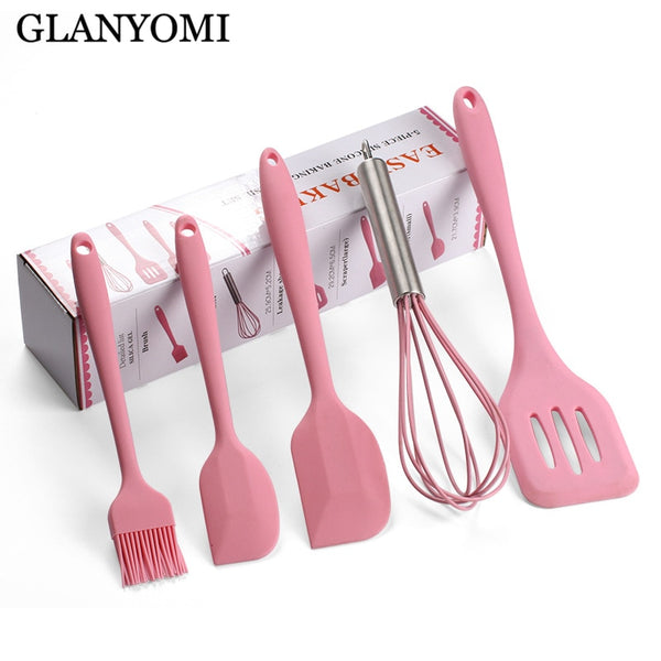 [variant_title] - 5Pcs/Set Pink or Red Silicone Cooking Tool Sets Egg Beater Spoon Spatula Oil Brush Kitchenware Kitchen Utensils Sets with Box