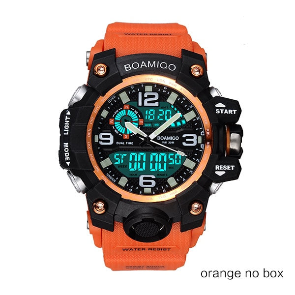 orange no box - Men Sports Watches BOAMIGO Brand Digital LED Orange Shock Swim Quartz Rubber Wristwatches Waterproof Clock Relogio Masculino