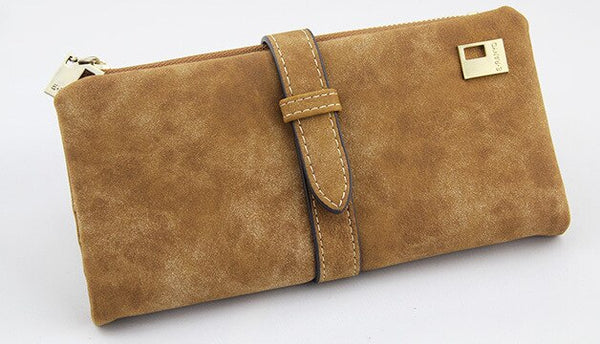 Brown - Famous Brand Long Purse Two Fold Women Wallets Drawstring Nubuck Leather Zipper Suede Wallet Ladies Carteira Feminina Clutch Bag
