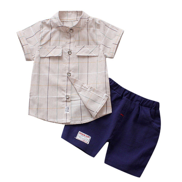 [variant_title] - Kids Clothes Set Baby Boy Casual Outfits Plaid Print Short Sleeves Open Stitch Top Pants Set Formal Party Gentleman Boy Clothes