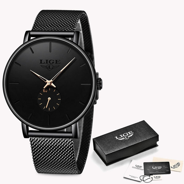 Black rose gold - LIGE 2019 New Fashion Sports Mens Watches Top Brand Luxury Waterproof Simple Ultra-Thin Watch Men Quartz Clock Relogio Masculino