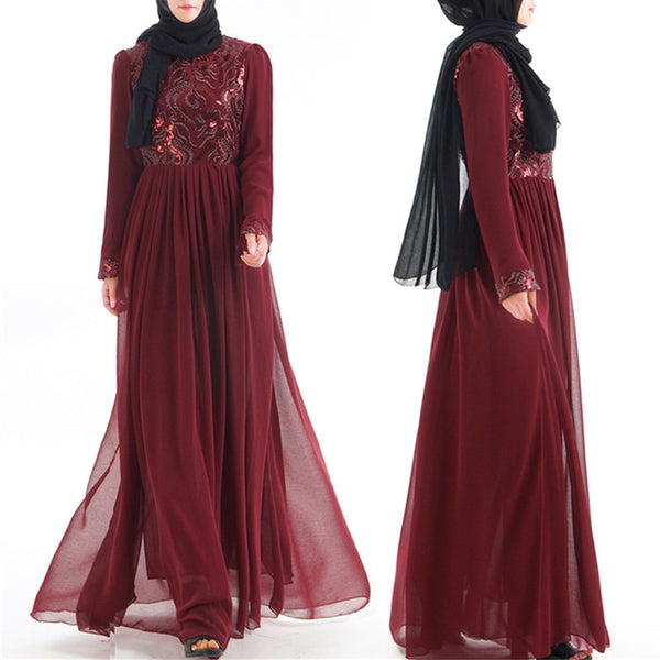 Wine Red / L - Islamic Women's Embroidered Chiffon Abayas Muslim Long Sleeve Fashion Dress Arabic Dubai Turkish Women Clothing