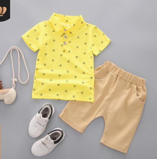 Yellow / 12M - Hot Small or Toddler Baby Clothing Sets  Short Sleeve Anchor Printing T-shirt+ Shorts Little Gentlemen Fashion 2pcs Sets Retail