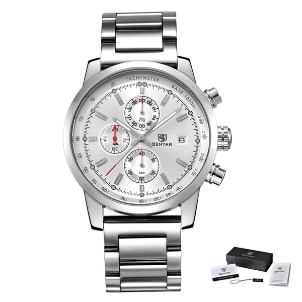 Steel White - BENYAR Fashion Chronograph Sport Mens Watches Top Brand Luxury Quartz Watch Reloj Hombre saat Clock Male hour relogio Masculino
