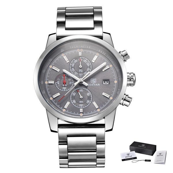 Steel Grey - BENYAR Fashion Chronograph Sport Mens Watches Top Brand Luxury Quartz Watch Reloj Hombre saat Clock Male hour relogio Masculino