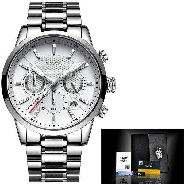 silver white - LIGE 2018 Watch Men Fashion Sport Quartz Clock Mens Watches Brand Luxury Full Steel Business Waterproof Watch Relogio Masculino