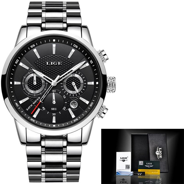 silver blakc - LIGE 2018 Watch Men Fashion Sport Quartz Clock Mens Watches Brand Luxury Full Steel Business Waterproof Watch Relogio Masculino