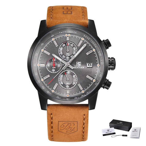 L Brown black  gray - BENYAR Fashion Chronograph Sport Mens Watches Top Brand Luxury Quartz Watch Reloj Hombre saat Clock Male hour relogio Masculino