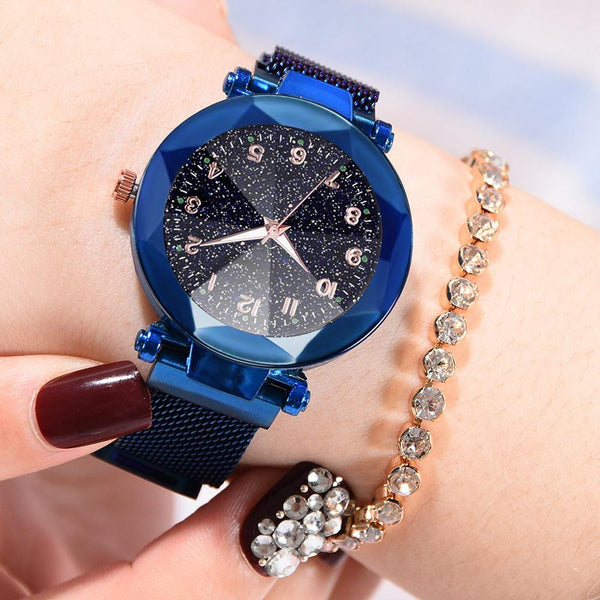 Blue - Watches Women Fashion Luxury Stainless Steel Magnetic Buckle Strap Refractive surface Luminous Dial Ladies Quartz Watch
