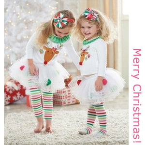 [variant_title] - Girls Deer Christmas clothing Set For Children Long Sleeve Autumn Dresses + Striped Legging Clothes Kids Character Party Dress