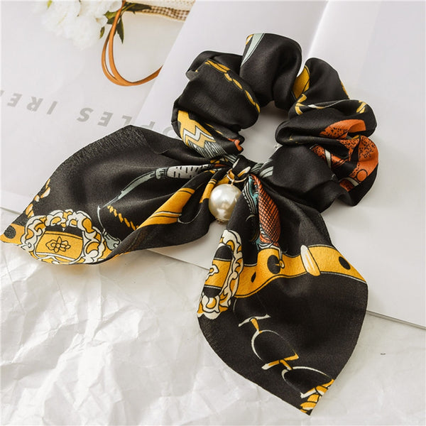 Yellow Black Pearl 6 - New Chiffon Bowknot Elastic Hair Bands For Women Girls Pearl Scrunchies Headband Hair Ties Ponytail Holder Hair Accessories