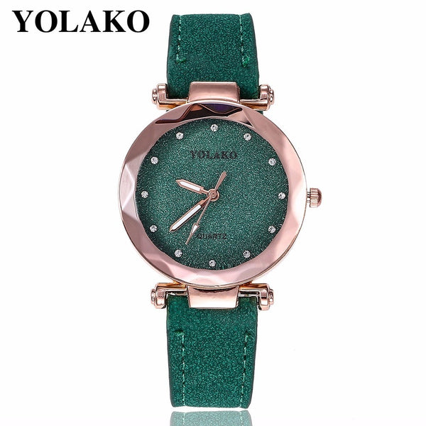 green - Dropshipping Women Romantic Starry Sky Wrist Watch Leather Rhinestone Designer Ladies Clock YOLAKO Brand Relogio Feminino