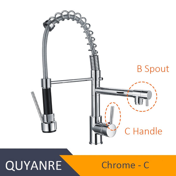 CHROME GUANGBAZI - Blackend Spring Kitchen Faucet Pull out Side Sprayer Dual Spout Single Handle Mixer Tap Sink Faucet 360 Rotation Kitchen Faucets