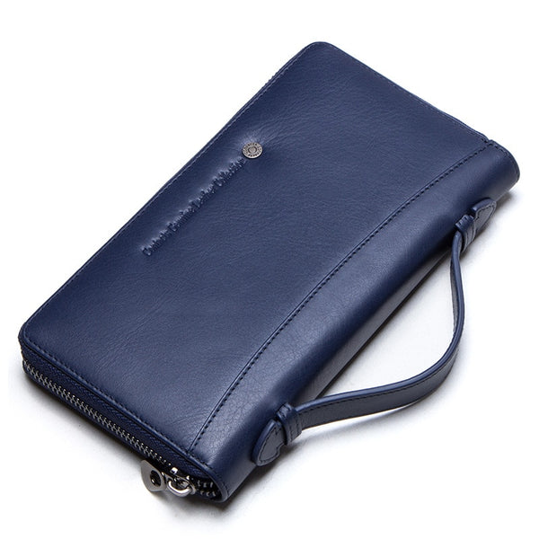 Blue - Genuine Leather Men Clutch Wallet  Brand Male Card Holder Long  Zipper Around Travel Purse With Passport Holder 6.5" Phone Case