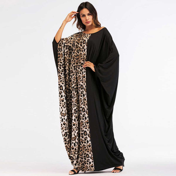 Default Title - 2019 Leopard Patchwork Women Abaya New Style Muslim Long Dress Arabic Dubai Kaftan Islamic Maxi Vestidos Bat sleeve VKDR1450 (7014 One Size)