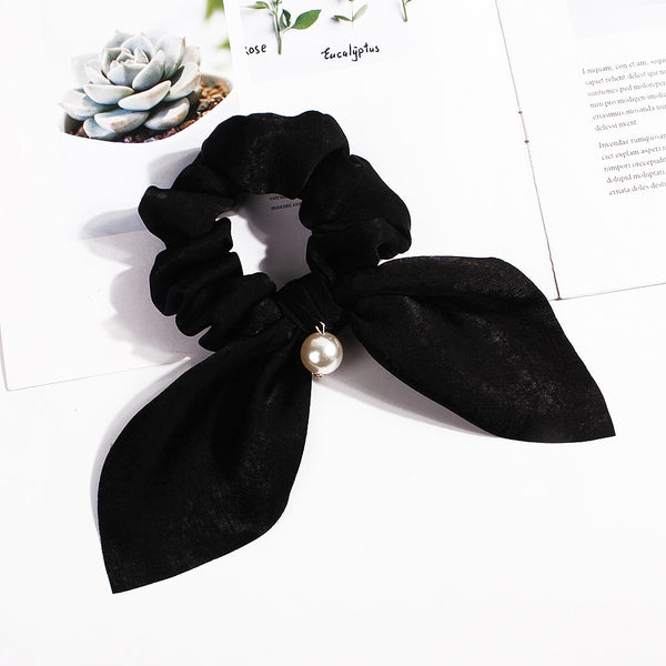 Pearl black - New Chiffon Bowknot Elastic Hair Bands For Women Girls Pearl Scrunchies Headband Hair Ties Ponytail Holder Hair Accessories