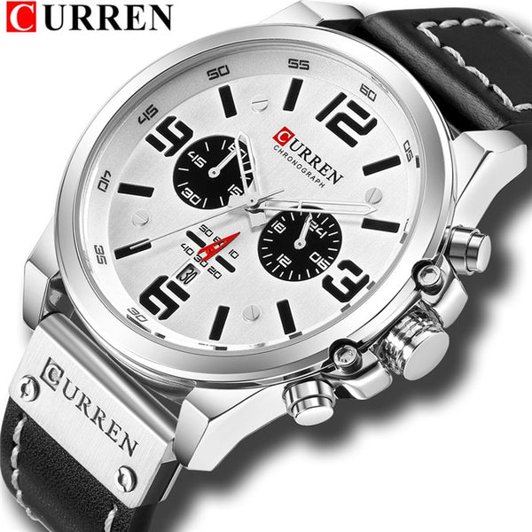 silver white - CURREN Mens Watches Top Luxury Brand Waterproof Sport Wrist Watch Chronograph Quartz Military Genuine Leather Relogio Masculino