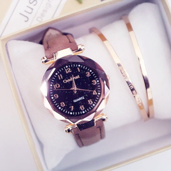 Brown Color - Quartz Wristwatches Fashion Starry Sky Women Watches Hot Sale Leather Ladies Bracelet Watch Casual Female Clock Relogio Feminino