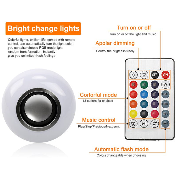 [variant_title] - E27 LED Bulb 12W RGB Music Playing Dimmable Wireless Bluetooth Bulb Colorful Audio Speaker Light Lamp with 24 Key Remote Control