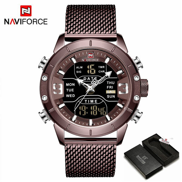 Coffee -Box - NAVIFORCE Top Brand Luxury Watch Men Fashion Sports Quartz Watch Men Full Steel Waterproof LED Digital Watches Relogio Masculino