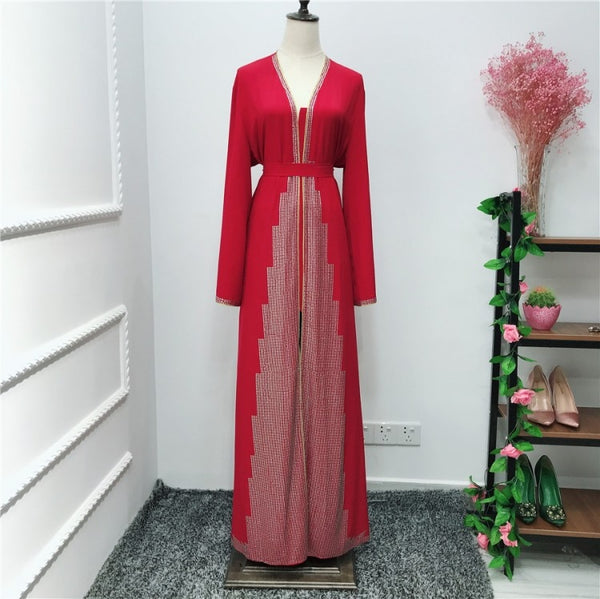 red / L - Luxurious Femme Kimono Kaftan Handstudded Robe Dubai Islam Muslim Hijab Dress Abayas Caftan Marocain Qatar Oman Turkey  Clothing