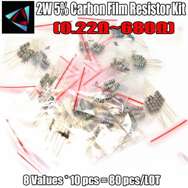 Default Title - 80pcs Resistor Kit 2W 5% Carbon Film Resistance 0.22ohm - 680ohm OHMs 8values X 10pcs Resistencias Pack 2W Carbon Film Set