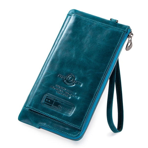 Blue - 2019 Men Wallet Clutch Genuine Leather Brand Rfid  Wallet Male Organizer Cell Phone Clutch Bag Long Coin Purse Free Engrave