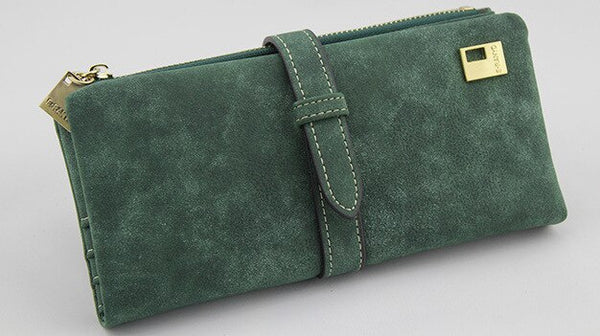 Green - Famous Brand Long Purse Two Fold Women Wallets Drawstring Nubuck Leather Zipper Suede Wallet Ladies Carteira Feminina Clutch Bag
