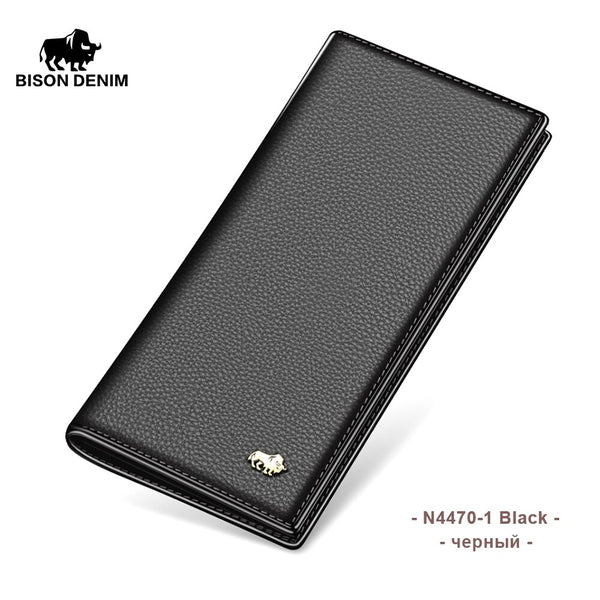 N4470 Black - BISON DENIM Cowskin Long Purse For Men Wallet Business Men's Thin Genuine Leather Wallet Brand Design Slim Wallets N4470&N4391